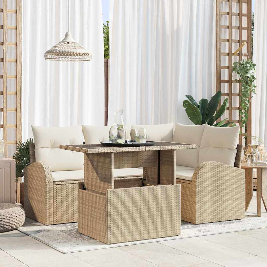 Garten-Sofa-Set mit Kissen mit Speicher 5 pcs Beige Poly Rattan
